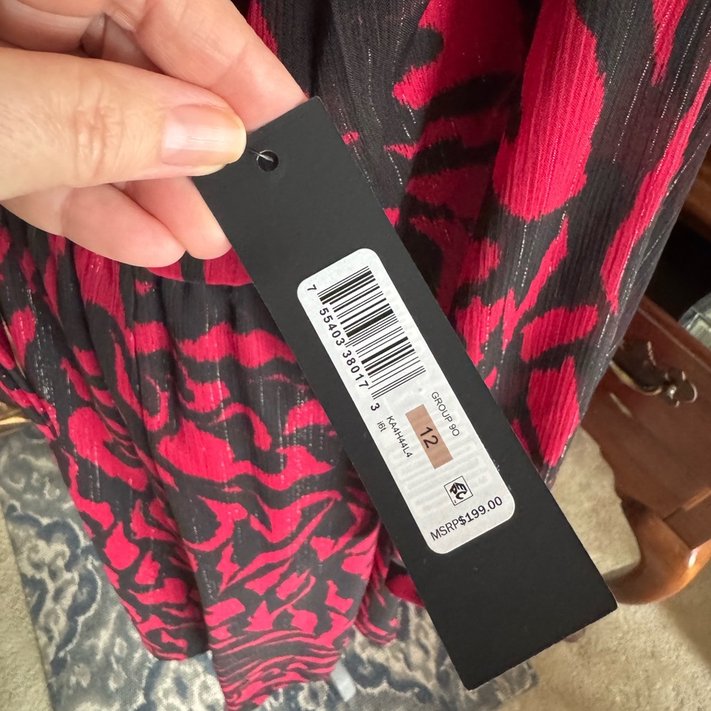 Donna Karan Women’s Chiffon Shirt Midi Red Multi Print Dress Size 12 NWT - Picture 9 of 10